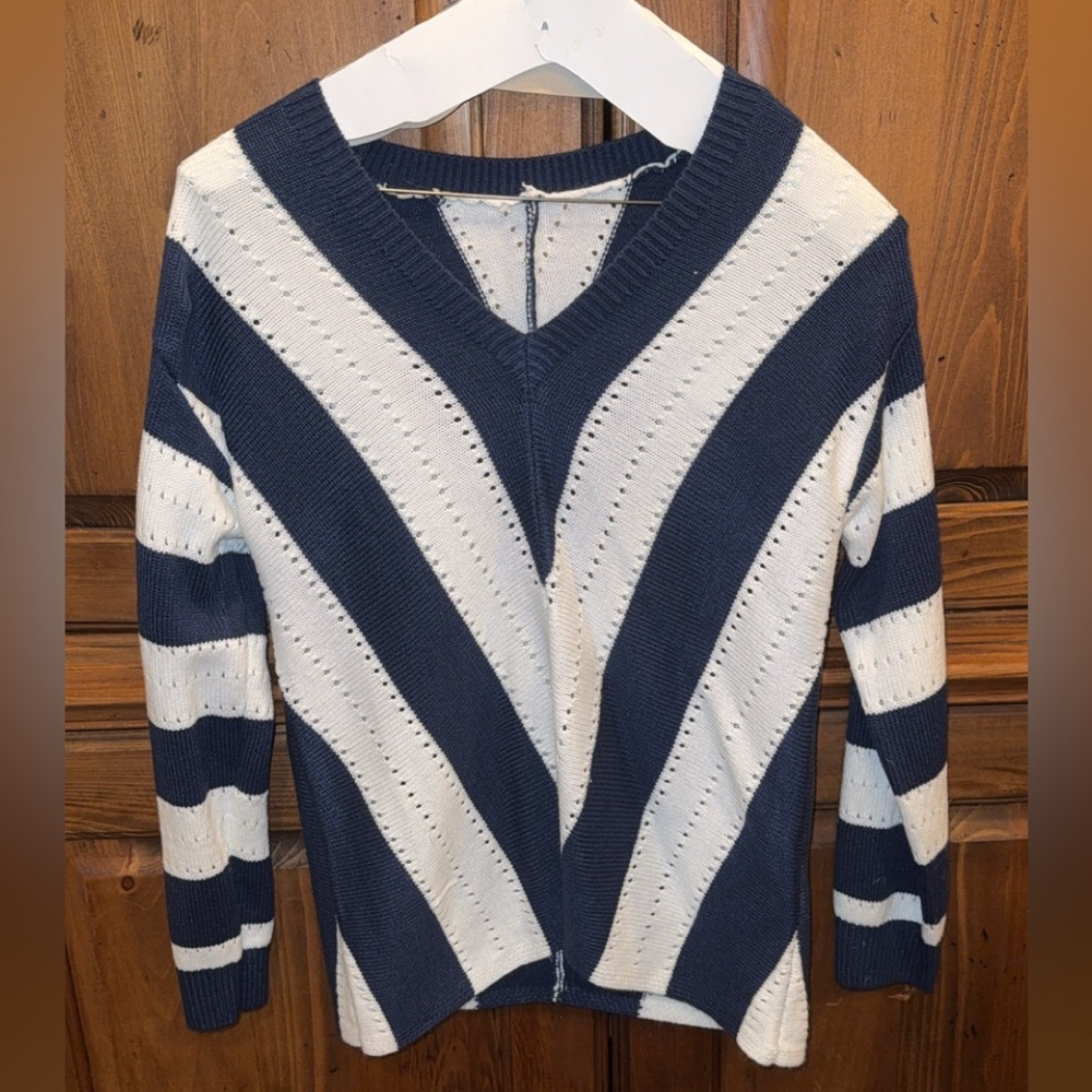 Navy and White Striped Women's Sweater